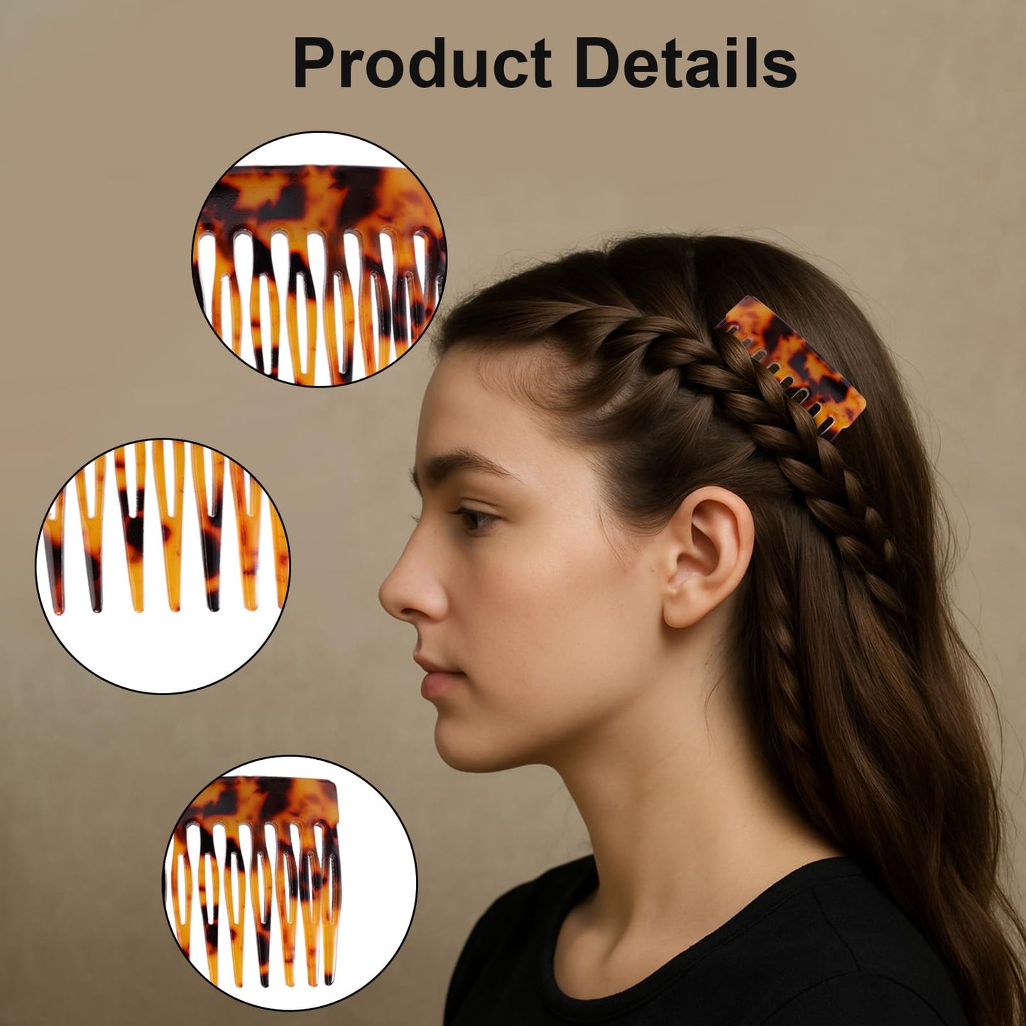 4pcs French Hair Side Comb, Leopard Small French Side Comb Decorative Twist Bun Hold Clips Hair Styling Accessories for Girls Women (4 Styles)