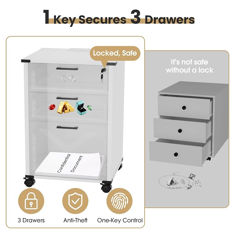 Onelike Small Wood File Cabinet with Charging Station & Lock, 3 Drawers - White + 3 Drawers