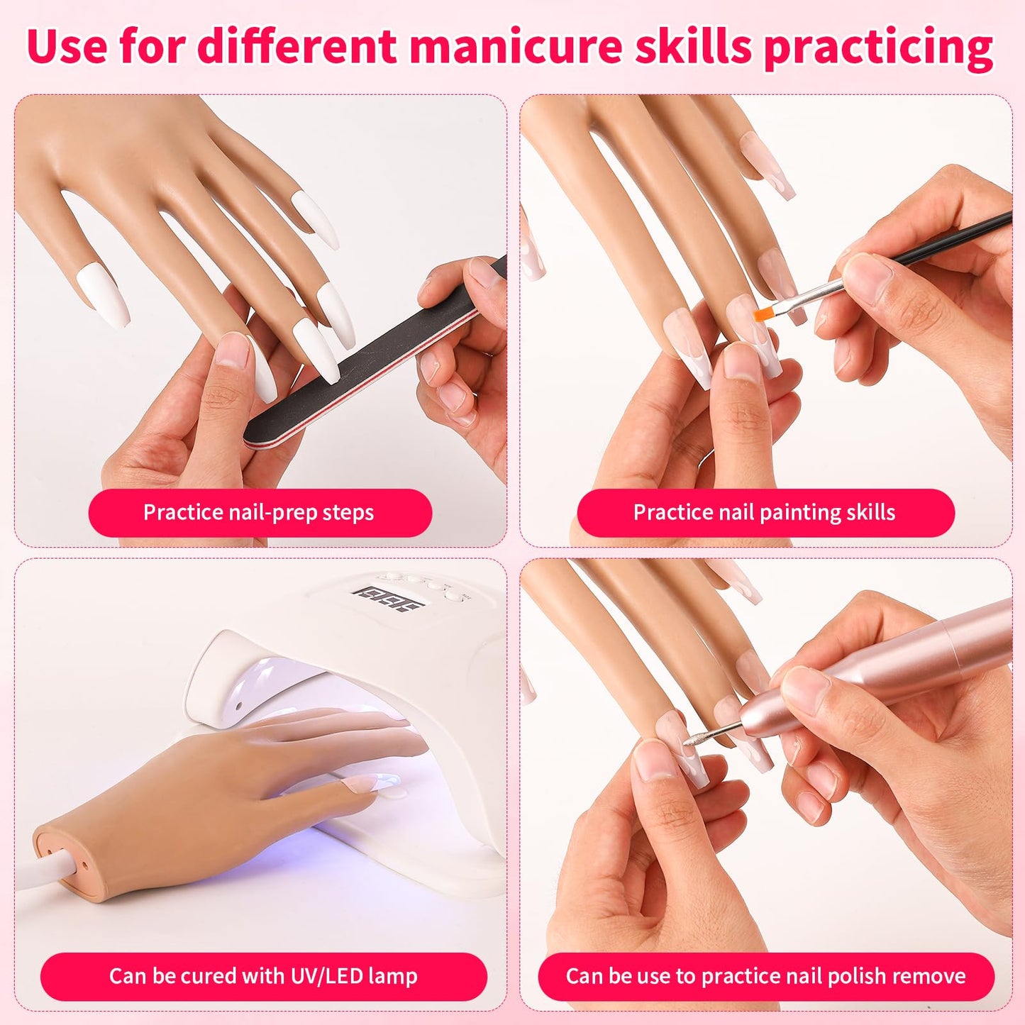 ALUROICE Practice Hand for Acrylic Nails - Nail Tips Won't Fall off Again- Flexible Fake Nail Mannequin Hand Practice for Training
