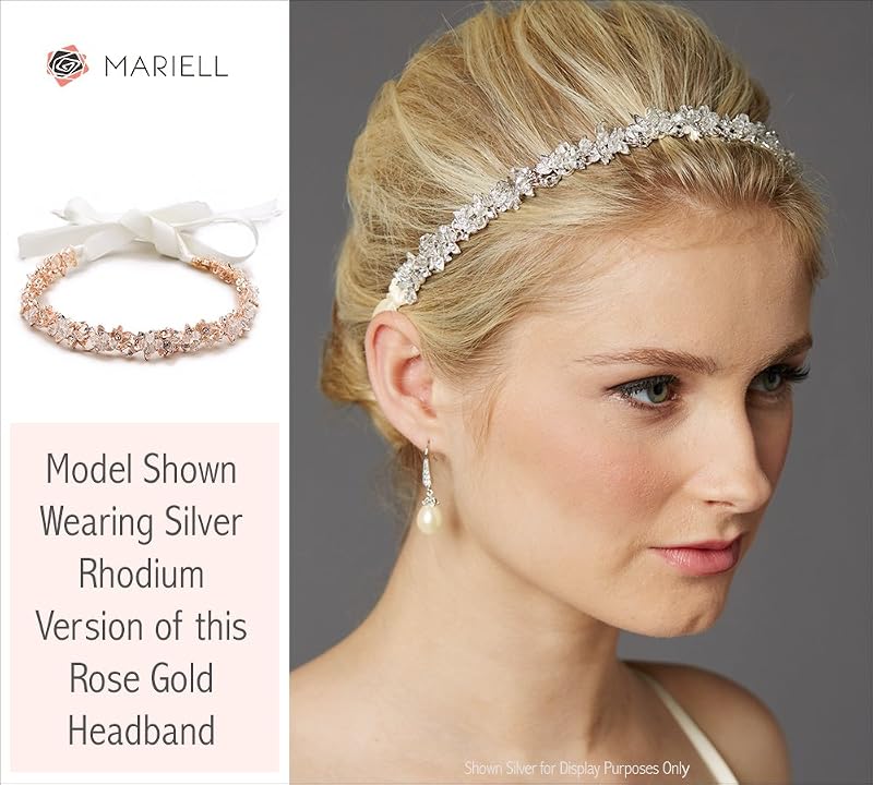 Mariell Rose Gold Crystal Cluster Bridal Headband Hair Vine with Ribbon - Variation Rose Gold
