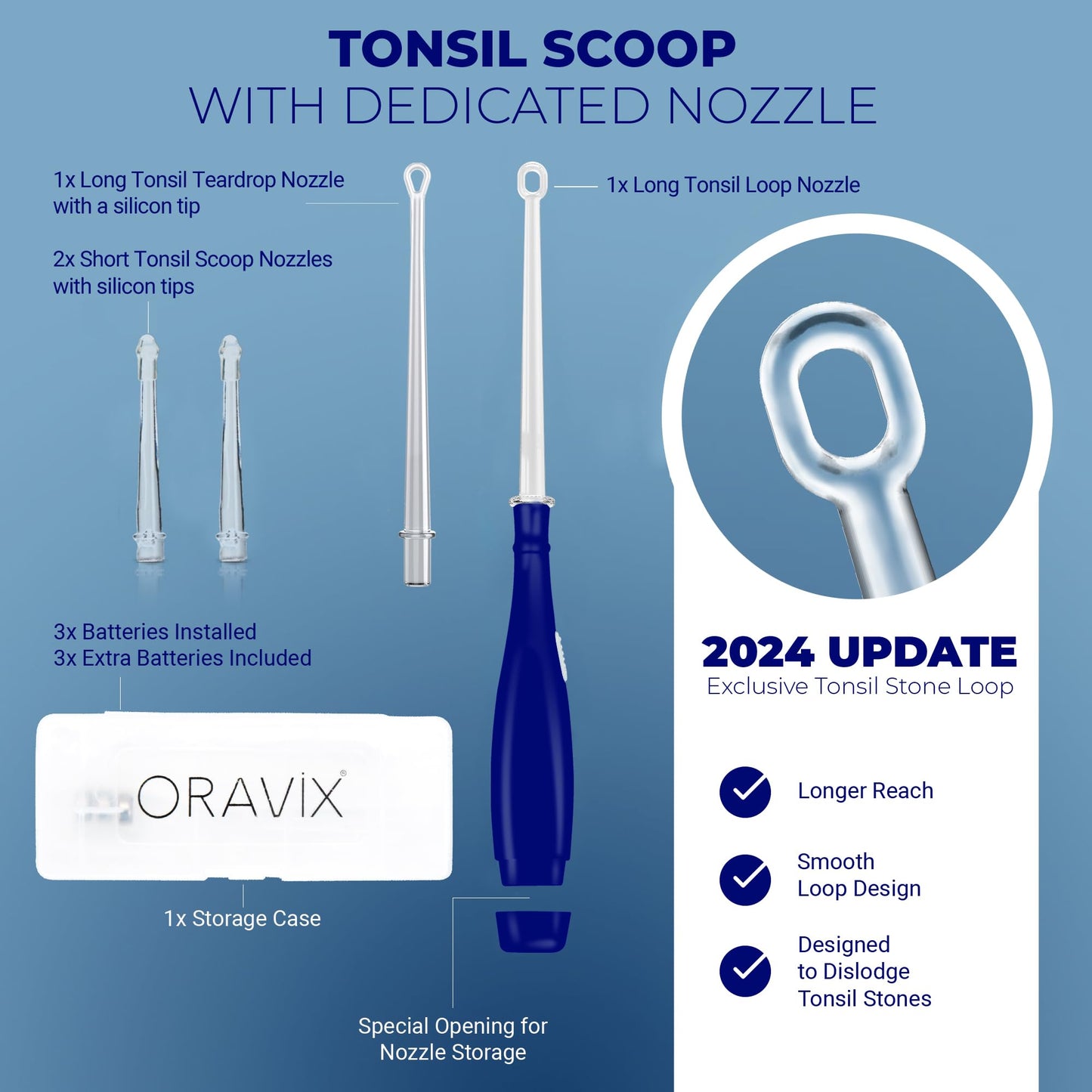 Oravix Tonsil Stone Remover, Fight Bad Breath, Easily Navigate Tonsil Crypts, Tonsil Stone Removal Tool with 3 Nozzles & LED Light, Tonsil Cleaner, Tonsil Stones Removal at Home, 2 Pack Curettage Pick