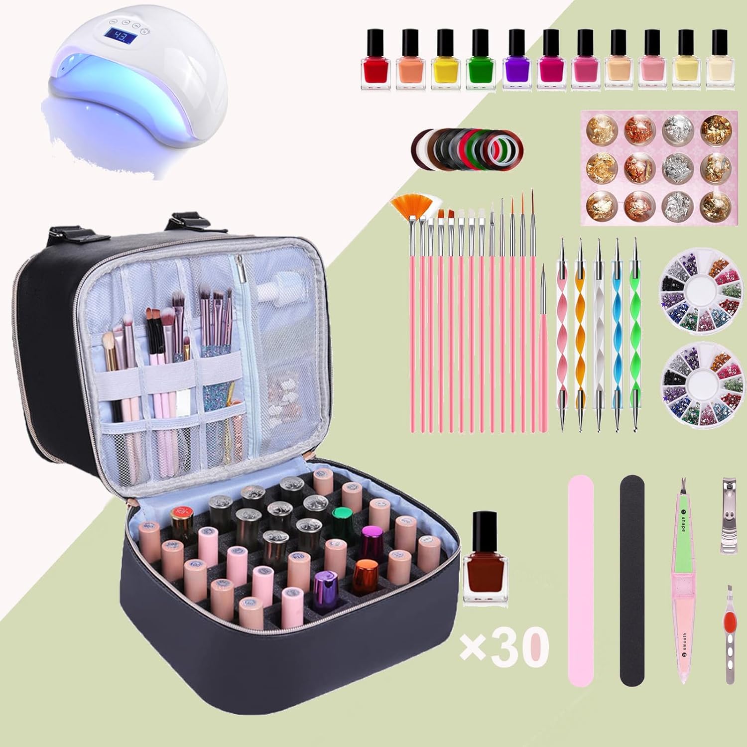 Nail Polish Organizer Bag with Travel Case for 30+ Bottles & Nail Lamp - Purple
