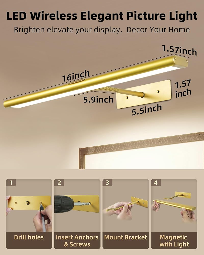 EZVALO 16'' Picture Lights, 4-Pack Rechargeable Wall Art Lights in Gold, 4800mAh Battery