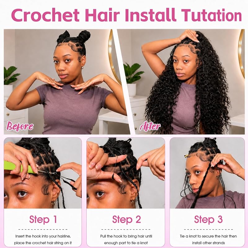 16 Inch Feather Crochet Hair for Black Women - Deep Wave Miracle Knots, 1B Natural Black, 60 Strands