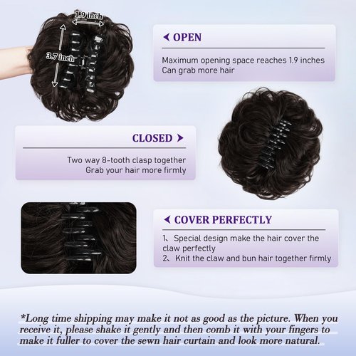 RUWISS Large Messy Bun Hair Piece with Claw Clip Human Hair Bun Wavy Curly Chignon Hair Bun Extensions Tousled Updo Hair Pieces for Women Claw Clip Ponytail Hair Scrunchies for Women, Brown Black