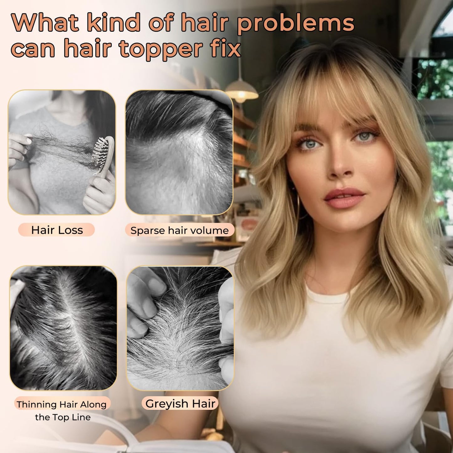 TYQ Hair Toppers for Women with Thinning Hair 14 Inch, 360° 3D Synthetic Curly Wavy Wispy Clip in Bangs（Dark Root to Blonde）