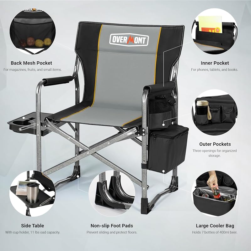 Overmont 2 Pack Folding Camping Chairs with Side Tables - 400 lb Capacity, Black/Gray (Variation: Blackgrey+2)