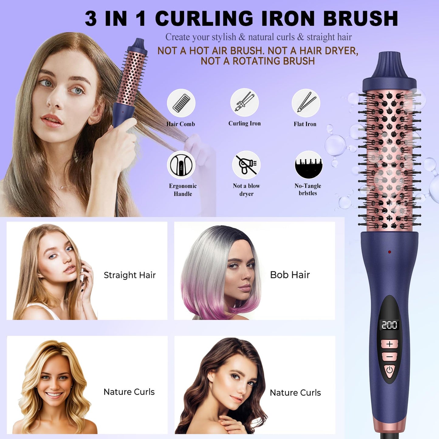 1.5 Inch Thermal Brush, Hot Round Brush for Straightening, Curling & Detangling, Heated Curling Brush, Fast Heating, 9 Temper Setting, Perfect for Travel & All Hair Types (Blue)