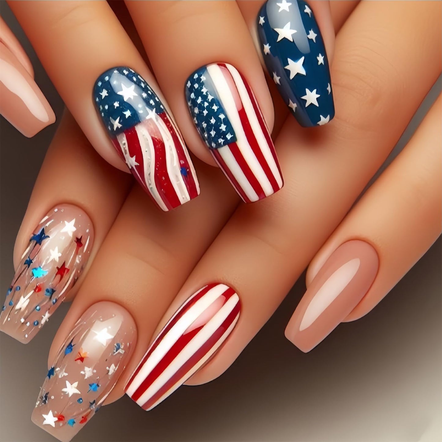 24 Pcs 4th of July Press on Nails Medium Coffin Fake Nails Glossy Nude Acrylic Nails with USA Flag Designs Independence Day Glue on Nails Patriotic Artificial False Nails for Women Nail Art Decoration