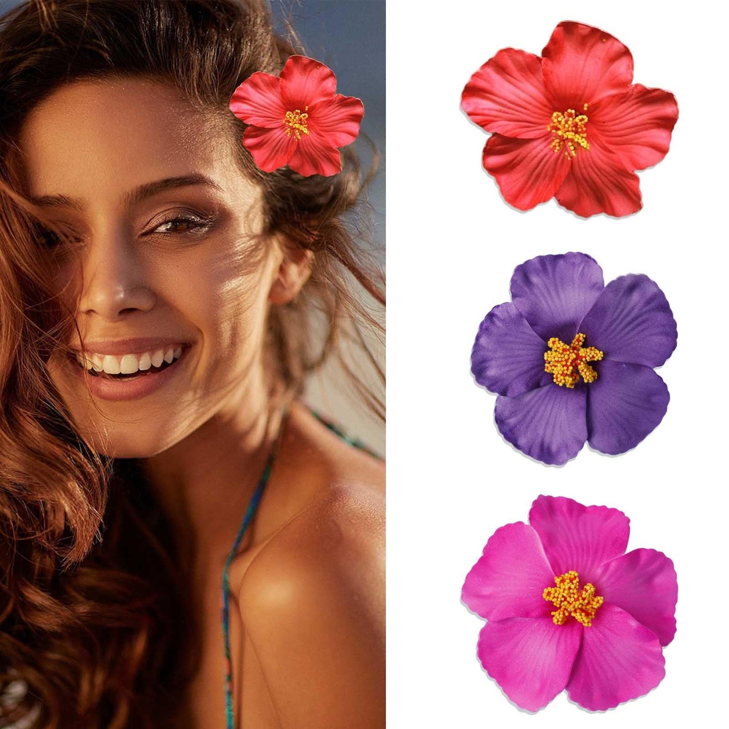 SOFISO 3Pcs Hawaiian Flower Hair Clips for Women 3.5 Inch Artificial Flower Clips Plumeria Hibiscus Hair Clip Beach Vacation Party Boho Hair Accessories for Women Girls(Red Purple and Rose Red)