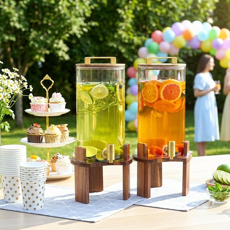 2 Pack 1.5 Gallon Glass Beverage Dispenser with Wood Stand & Stainless Spigot