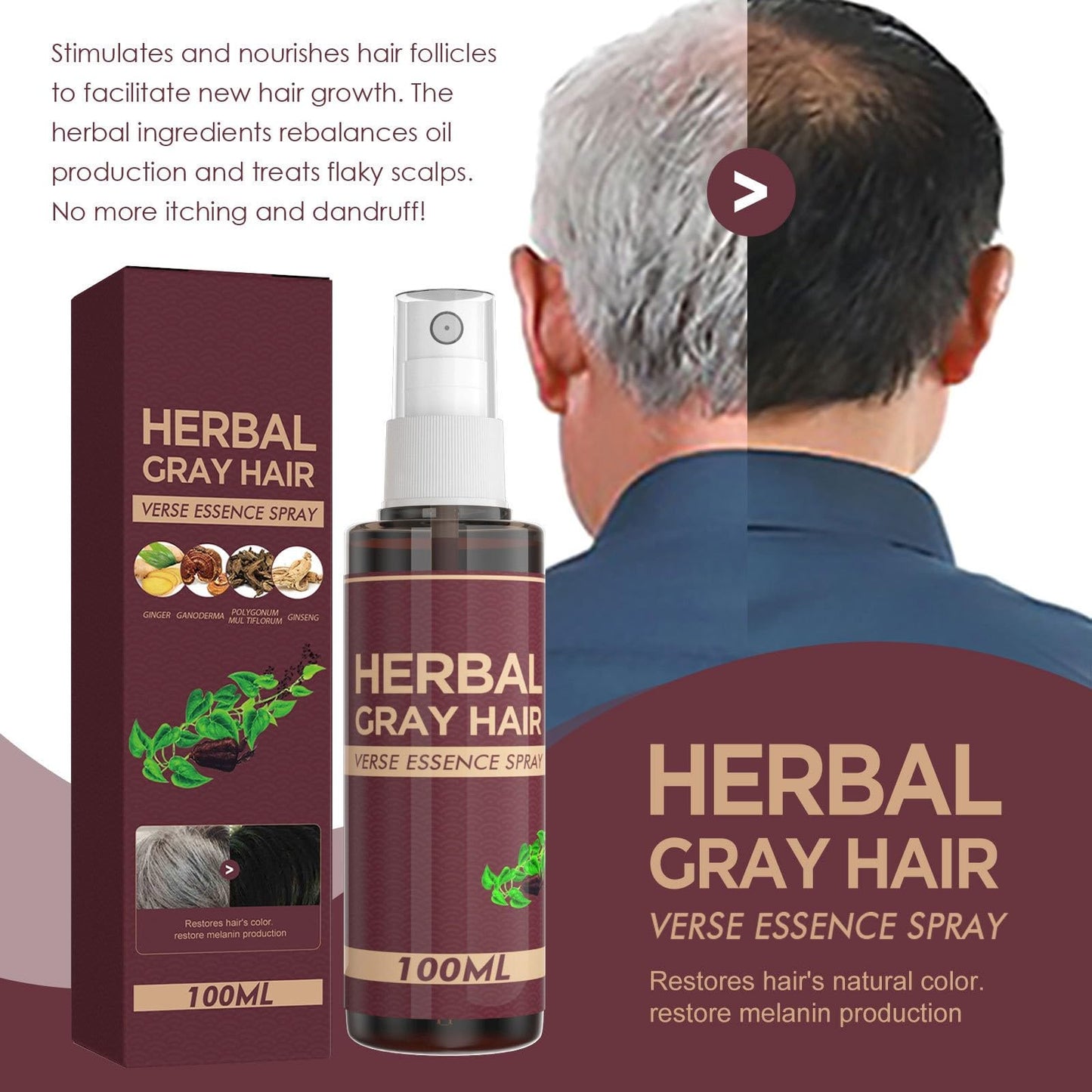 Herbal Essence Hair Spray, Hair Darkening Conditioner Spray, Herbal Hair Coloring Spray, Gray Hair Reverse Herbal Essence Spray, Reverse Grey Hair,100ml (1)