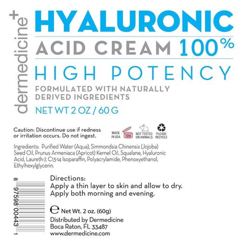 Dermedicine 100% Hyaluronic Acid Cream Face w/Jojoba Oil & Apricot Oil Professional Grade Intense Hydration Keeps Skin Looking Plump & Feeling Moisturized Skin Color & Tone