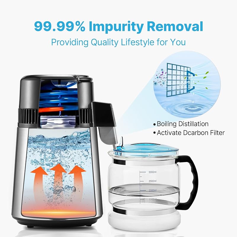 Water Distiller 1.1 Gal, 750W, 304 Stainless Steel w Glass Reservoir – VEVOR, Silver+1.1Gal