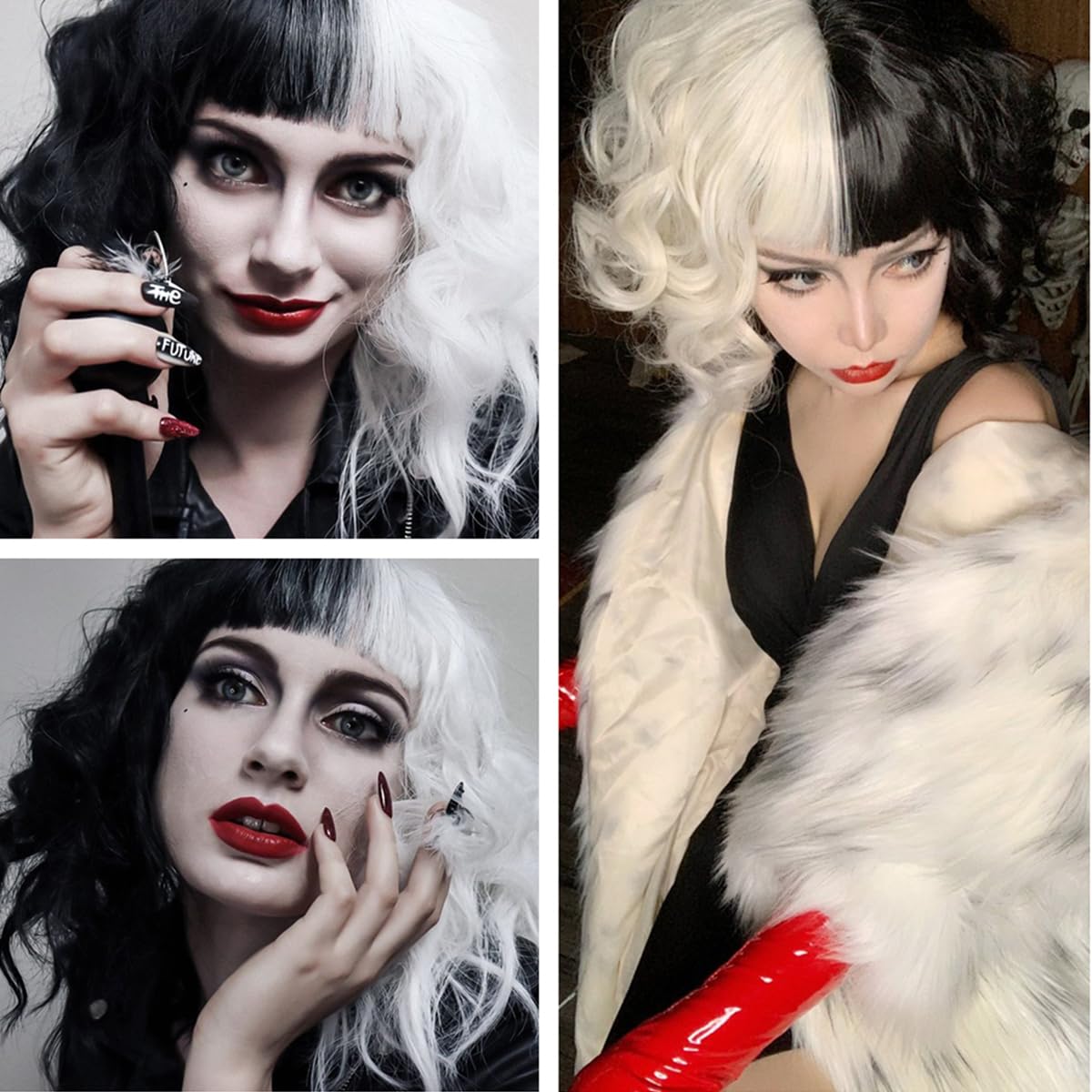 Juziviee Black and White Wigs for Cruella Costume Women Short Curly Wavy Hair Wig with Wig Caps Cute Synthetic Wigs for Party Halloween JZ005BW
