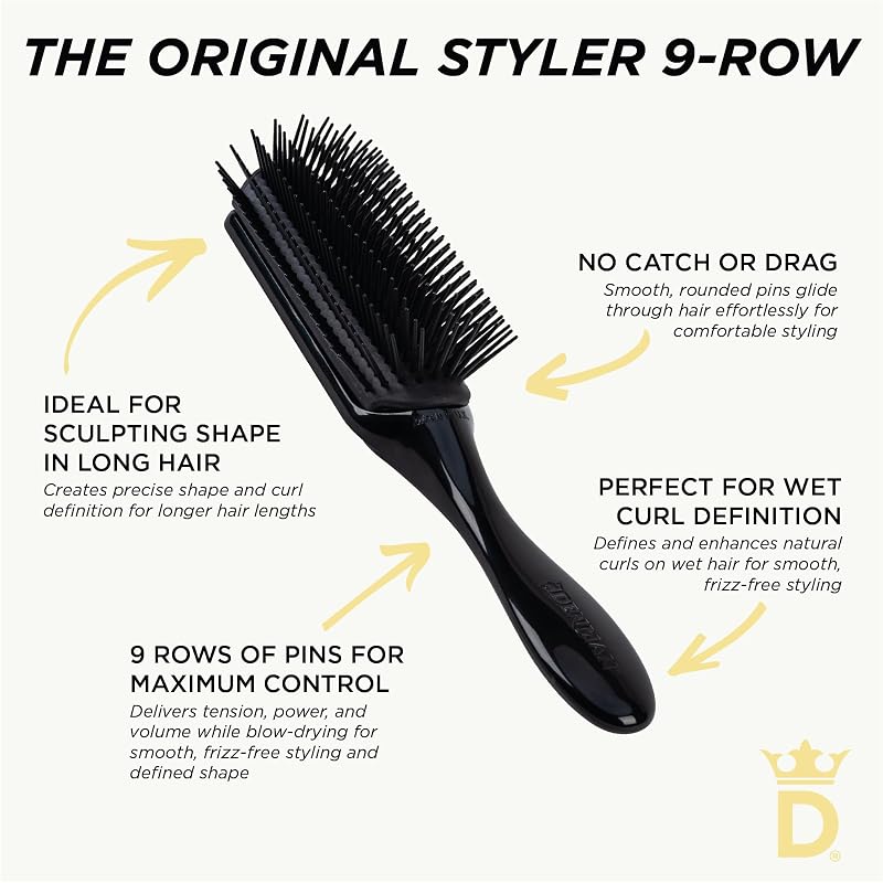 Denman D4 Curly Hair Brush – 9-Row Half-Rold Styling Brush for Detangling & Defining Curls