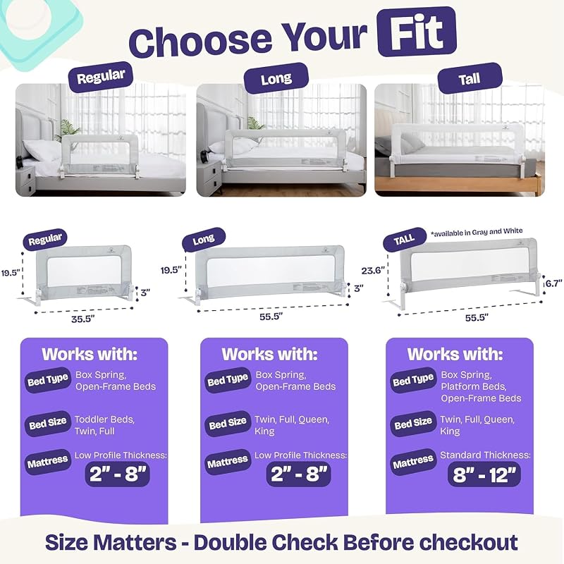 ComfyBumpy 55.5" Bed Rail for Toddlers, Swing-Down Guard for Twin–King Mattresses, White, 1-Pack