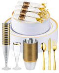 560Pcs Fancy Disposable Dinnerware Set for 70 Guests - Gold Rim Plates, Cups, Napkins & Glassware (Variation: Gold+560 Pcs)