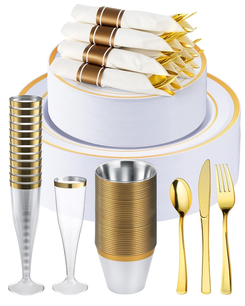 560Pcs Fancy Disposable Dinnerware Set for 70 Guests - Gold Rim Plates, Cups, Napkins & Glassware (Variation: Gold+560 Pcs)