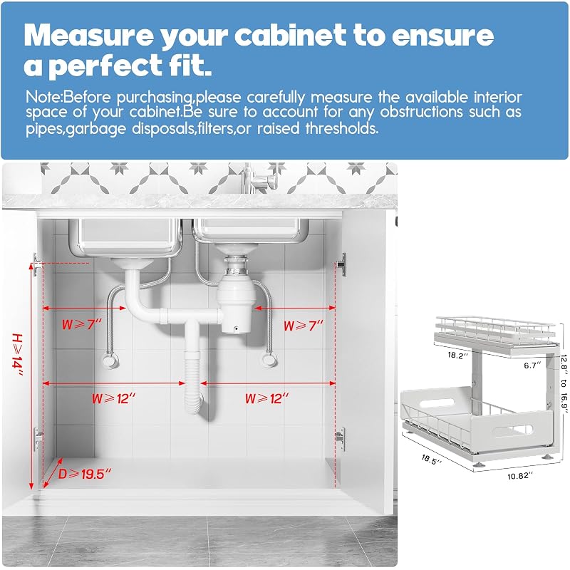 Under-Sink 2-Tier Pull-Out Organizer with Height-Adjustable Rails - 18.5x12.8x16.9 in (White) - 2 Pack