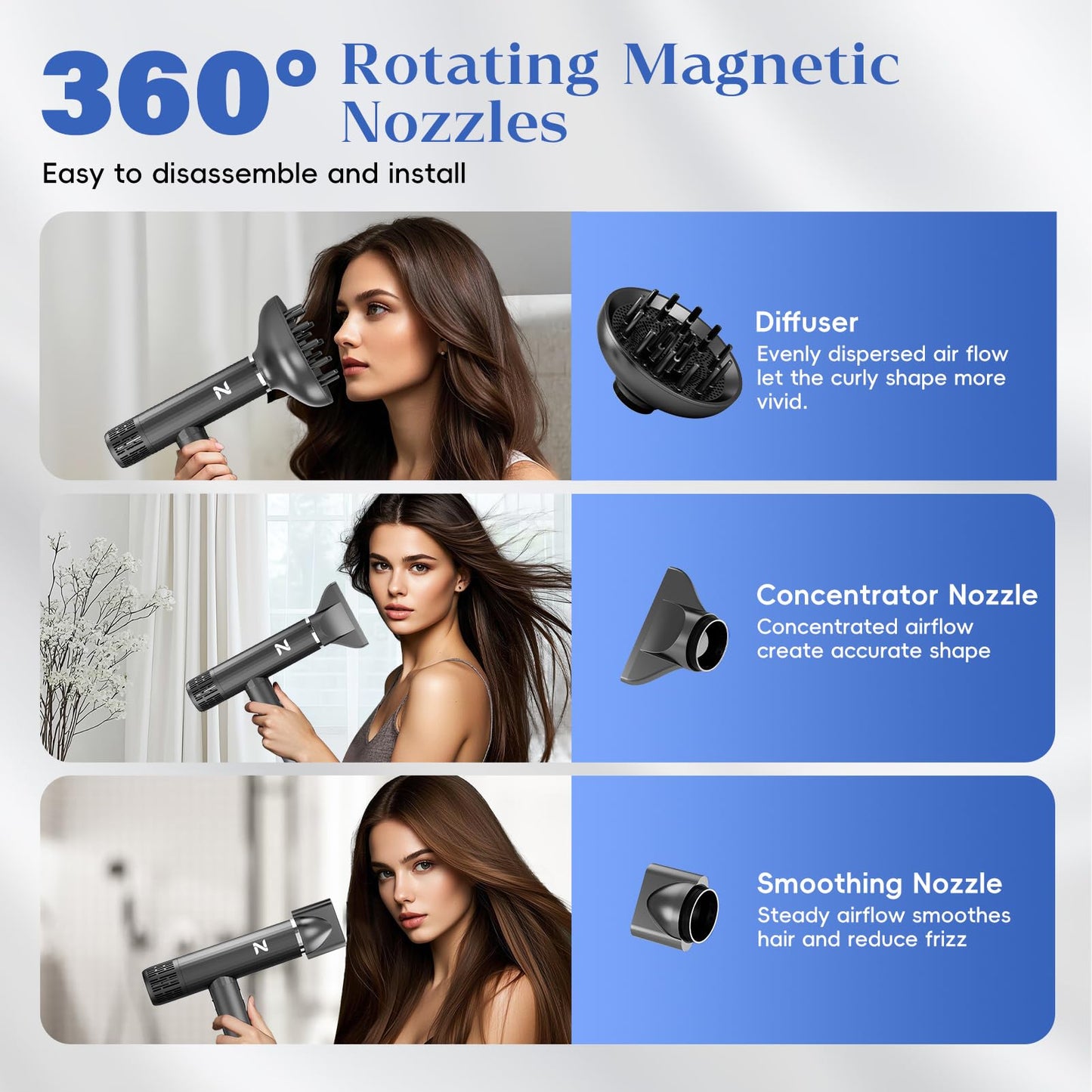 Natrial Ionic Salon Hair Dryer with 3 Attachments, 1600W Professional Blow Dryer with 110000RPM High Speed Brushless Motor for Fast Drying, Lightweight, Low Noise, Locking Function, 4 Temps & 3 Speeds