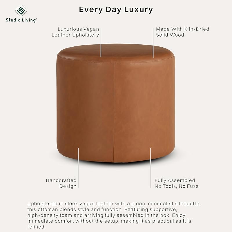 Wentworth 19” Round Faux Leather Ottoman Bench - Caramel Brown, Stationary Backless Footstool