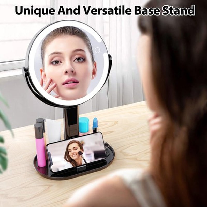 8" Lighted Makeup Mirror with Magnification, 1X/10X Magnifying Mirror with Light, Rechargeable Double Sided LED Vanity Mirror, 360° Rotation Light up Mirror 3 Colors Brightness Adjustable, Black