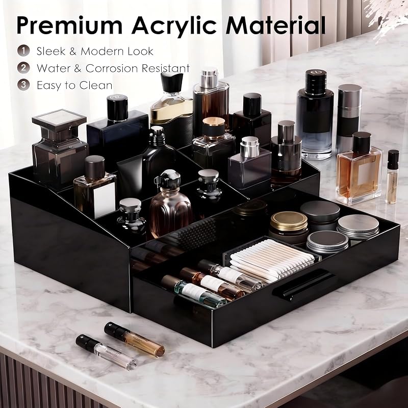 ProCase Cologne Organizer for Men - Acrylic Perfume Stand with Drawer (Black, 1 Layer)