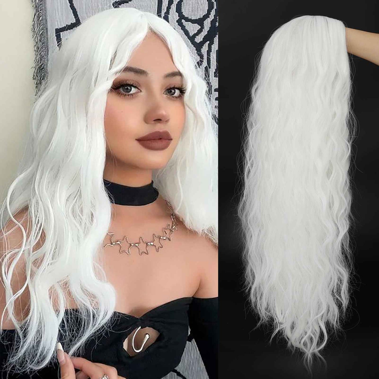 GOWIT White Wigs for Women 30 Inch Long Wavy Wig Glueless Middle Part Curly Wavy Wigs Natural Looking Heat Resistant Synthetic Wig for Halloween Christmas Daily Cosplay Party Use