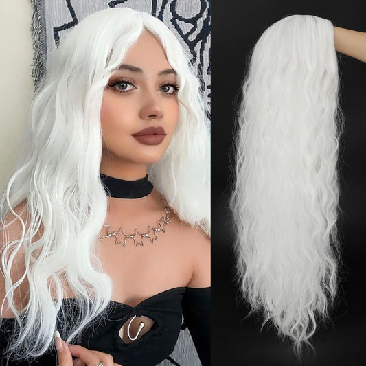 GOWIT White Wigs for Women 30 Inch Long Wavy Wig Glueless Middle Part Curly Wavy Wigs Natural Looking Heat Resistant Synthetic Wig for Halloween Christmas Daily Cosplay Party Use