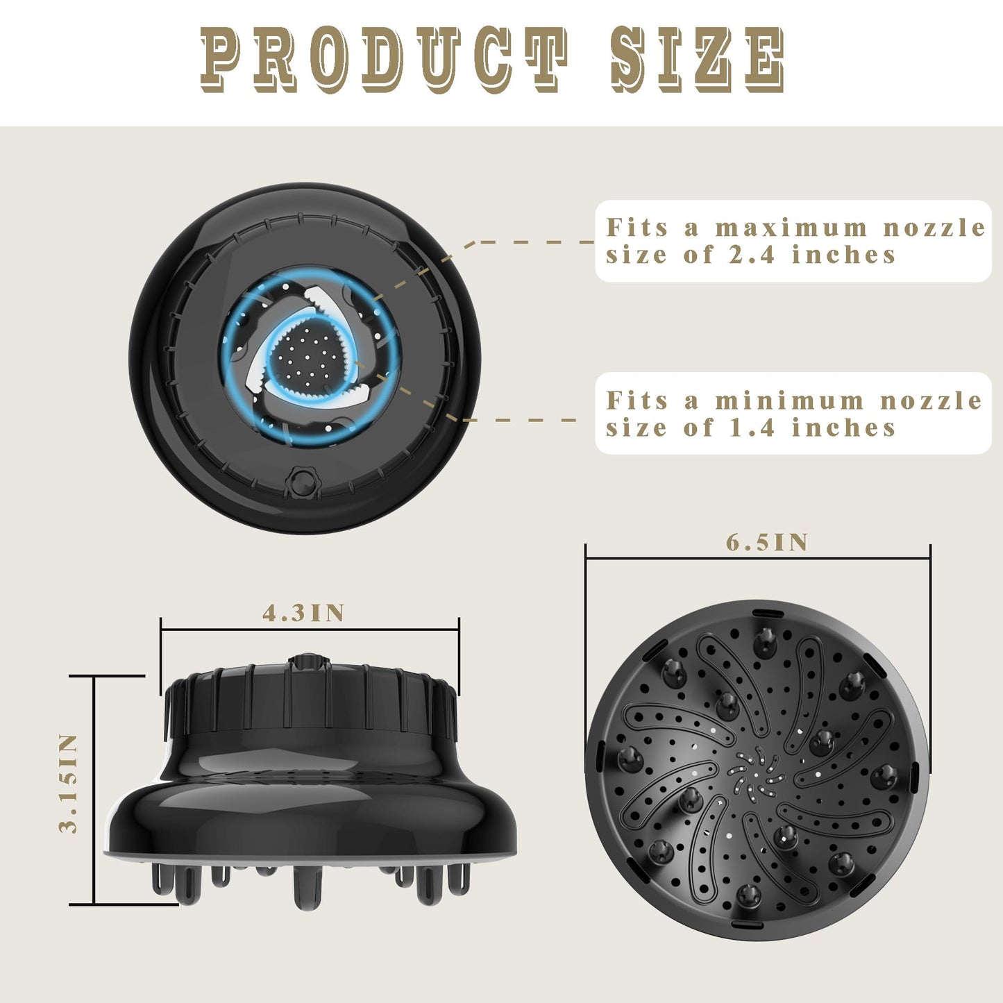 WPESI Diffuser Attachment for Hair Dryer,Hair Dryer Diffuser, Hair Diffuser Adaptable for Blow Dryers with D-1.4-Inch to 2.4-Inch for Curly or Wavy Hair,(Black)