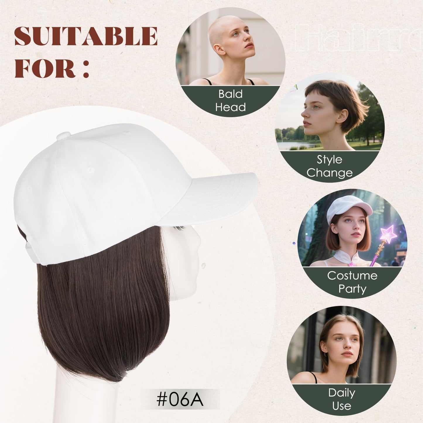 Hairro Wig Hat For Women Baseball Cap With Hair Extensions Synthetic Fake Hair 6" 150g #6A