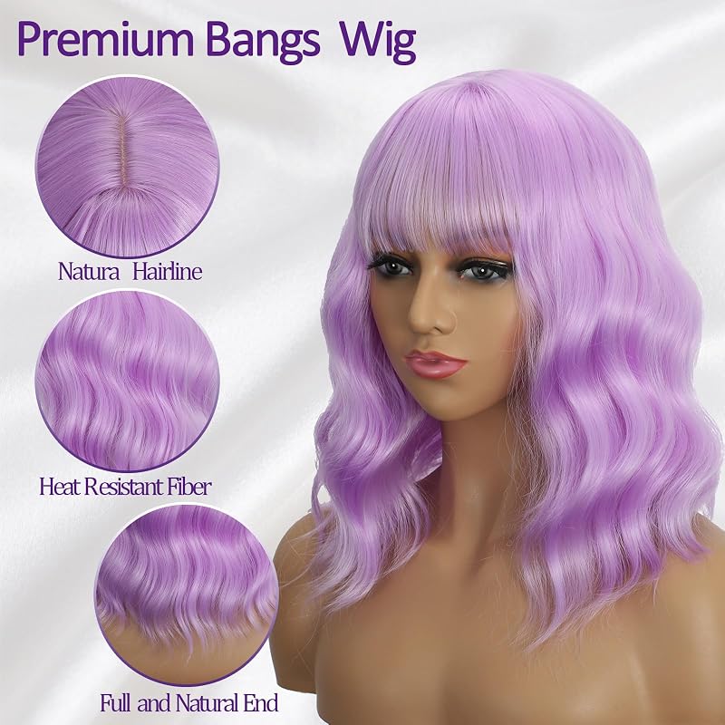 Purple 14-Inch Wavy Bob Wig with Bangs for Women – Heat-Resistant Synthetic Cosplay
