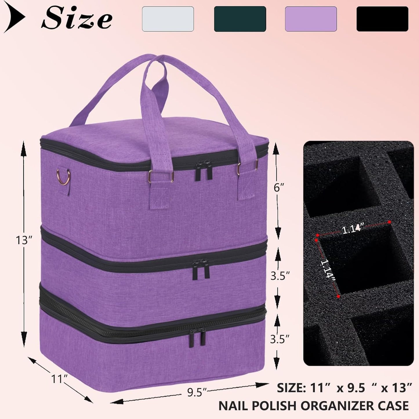 Nail Polish Organizer Bag with Travel Case for 30+ Bottles & Nail Lamp - Purple