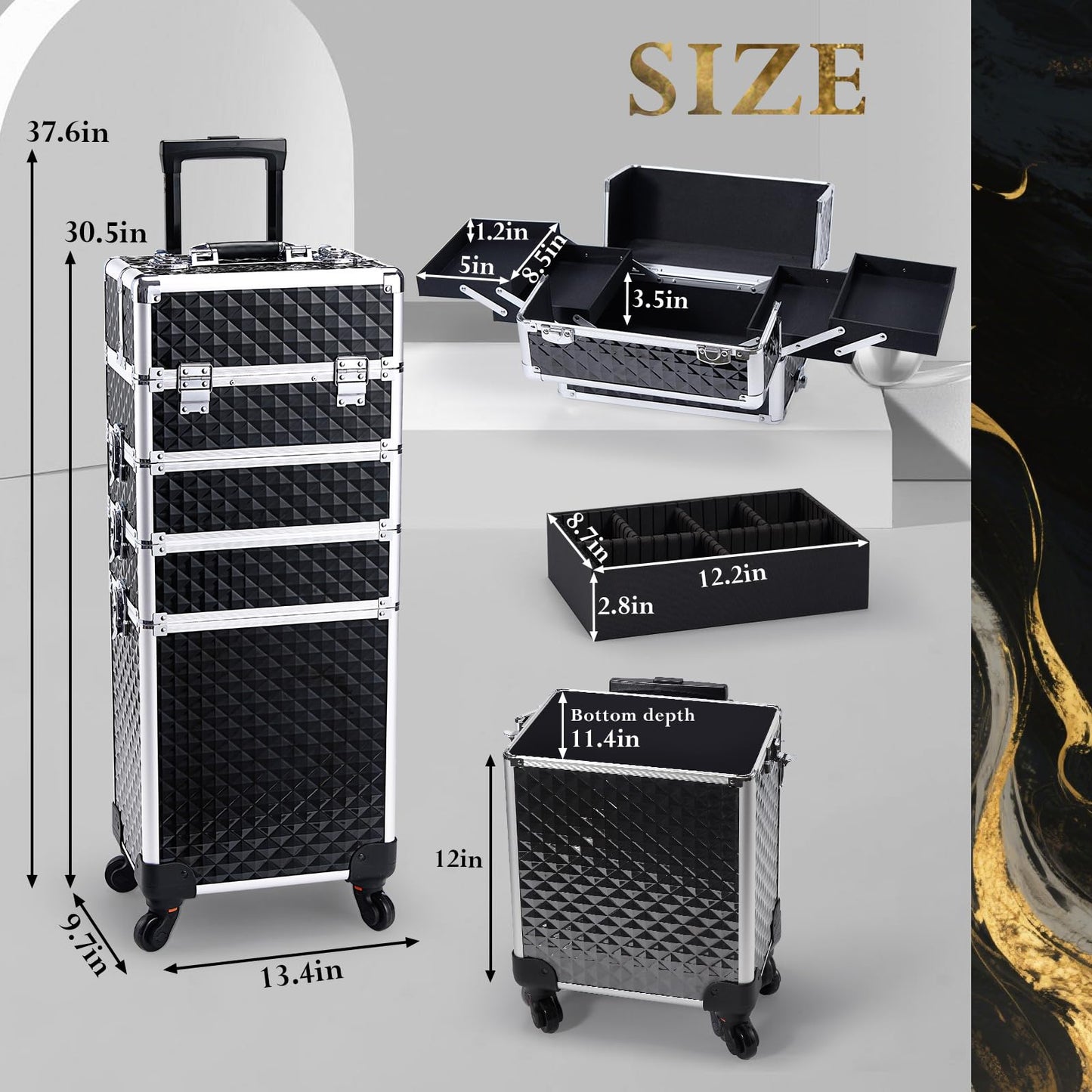 Stagiant Rolling Makeup Case Cosmetology Case on Wheels 4 in 1 Large Cosmetic Organizer Train Case Makeup Travel Case with Key Swivel Wheels Nail Artist Salon Storage Traveling Cart Trunk Black