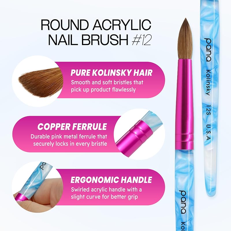 Round Nail Brush – Pure Kolinsky Hair, White Swirl Blue Handle, Pink Ferrule, Size 12 — PANA USA Variation
