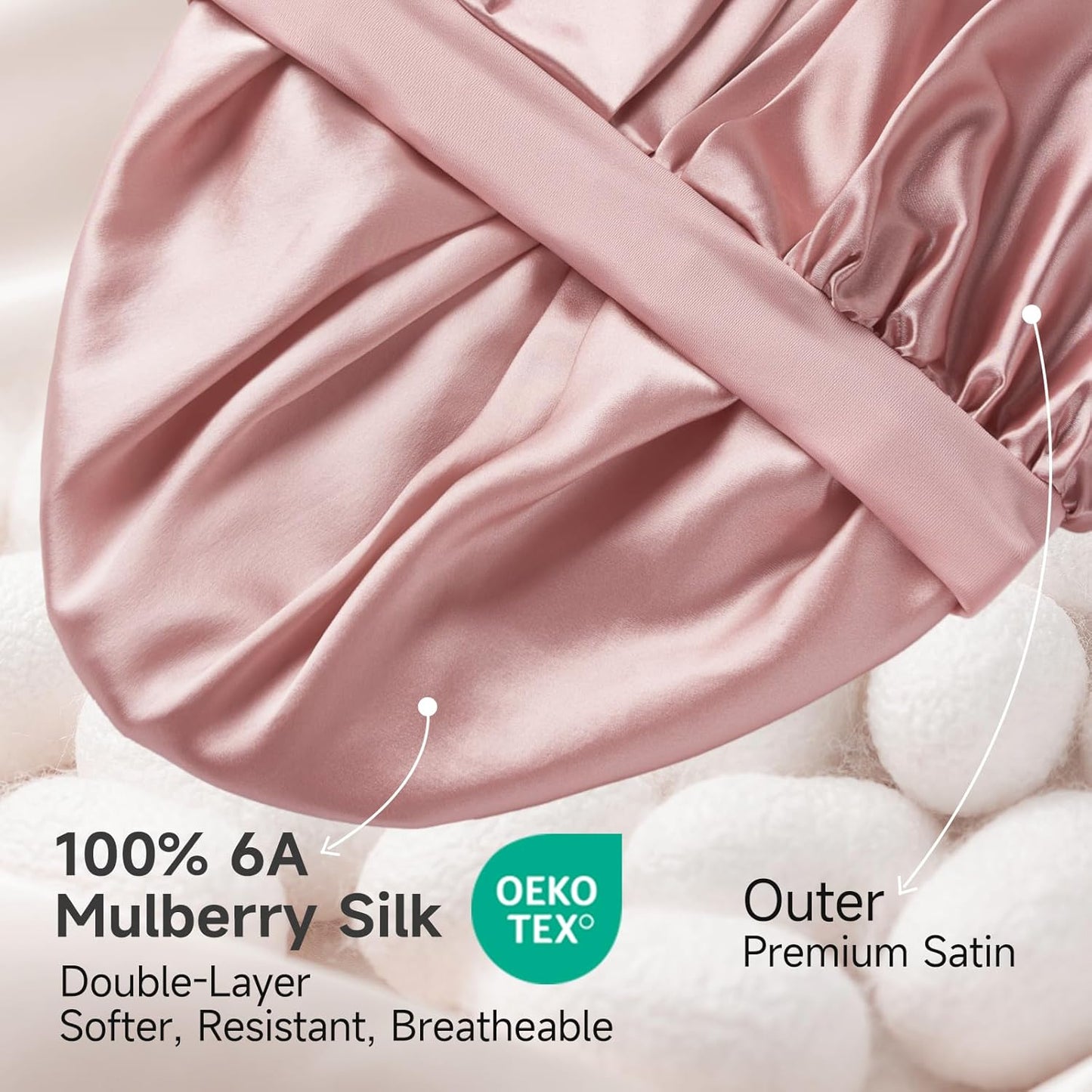 22 Momme Mulberry Silk Bonnet for Women - Double-Sided Non-Slip Sleep Cap for Long Curly Hair, Adjustable Band, Ebony