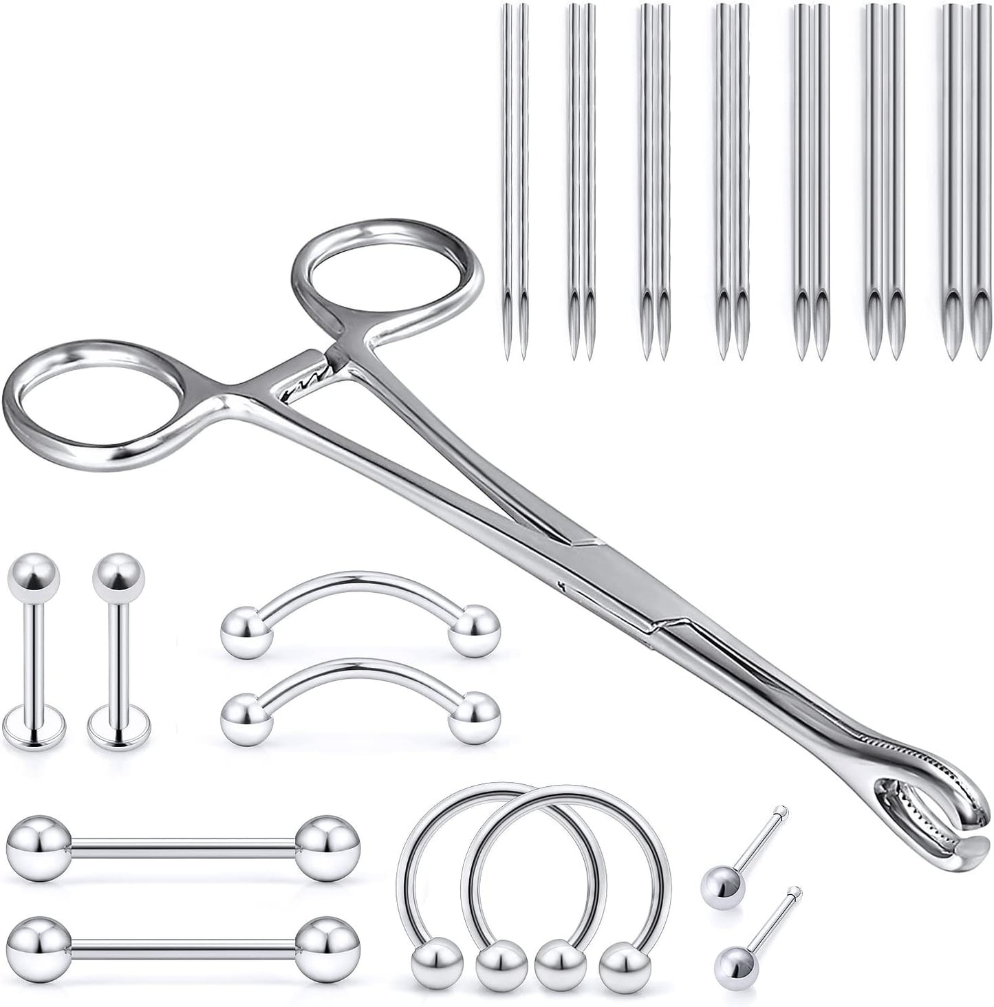 316L Surgical Steel Body Piercing Tools Kit - 9 Styles for Nose, Septum, Lip, Tongue & More