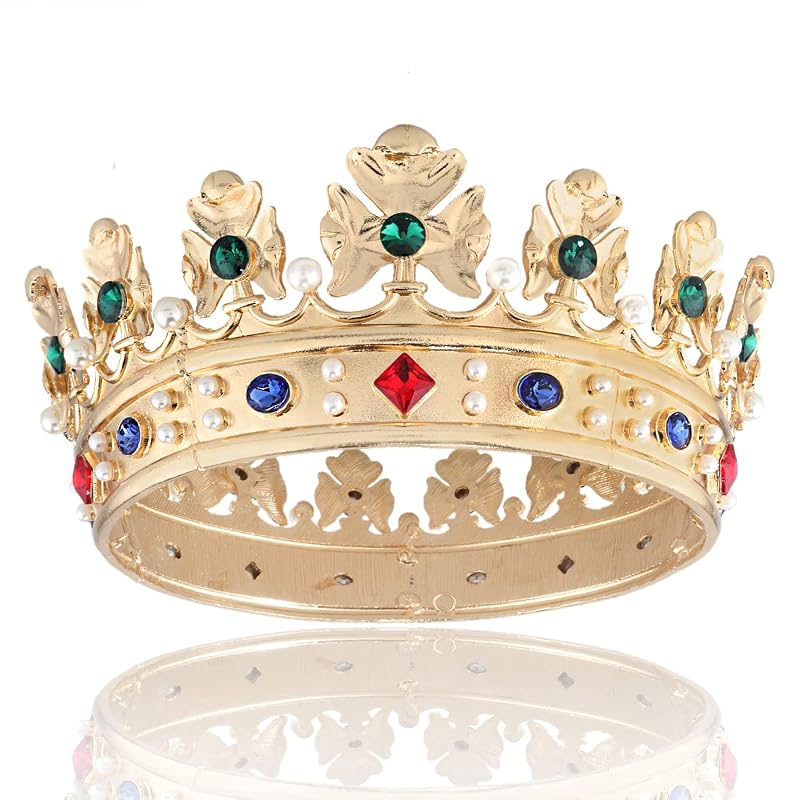 Baroque Royal Crown for Men - Gold Crown with Green Stone, Large 7.28 inch Diameter
