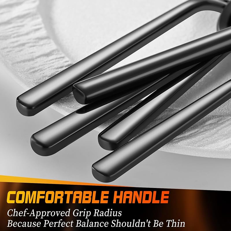 40-Piece Black Flatware Set for 8 - Heavy-Duty 18/0 Stainless Steel Silverware with Round Handles - Mirror Polished & Dishwasher Safe - Variation: Black+40