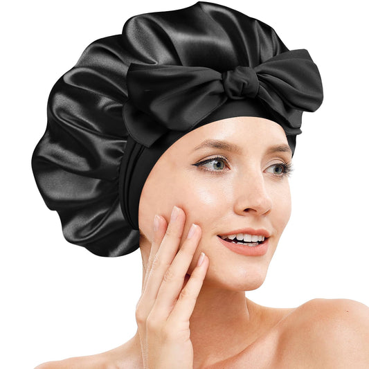 Doitory Silk Bonnet for Sleeping Women, Adjustable Soft Satin Lined Bonnet with Tie Band, Double Layer Sleep Night Cap for Natural & Curly Hair