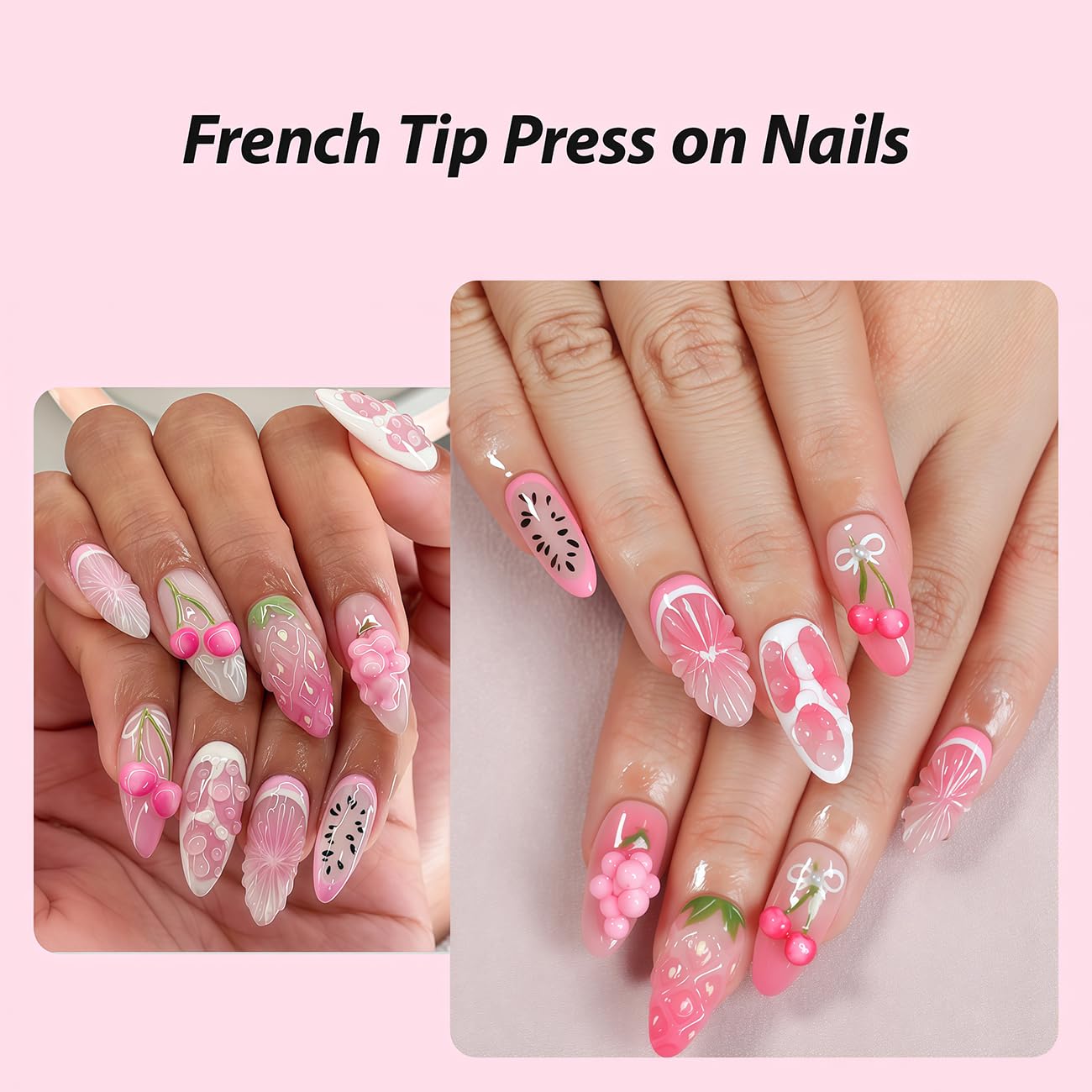 French Tip Press on Nails Almond Long Fake Nails with Strawberry Embossed Pattern Water Drop Design Acrylic Full Cover False Nails Summer Artificial Nail Women Daily Wear Nail Decoration