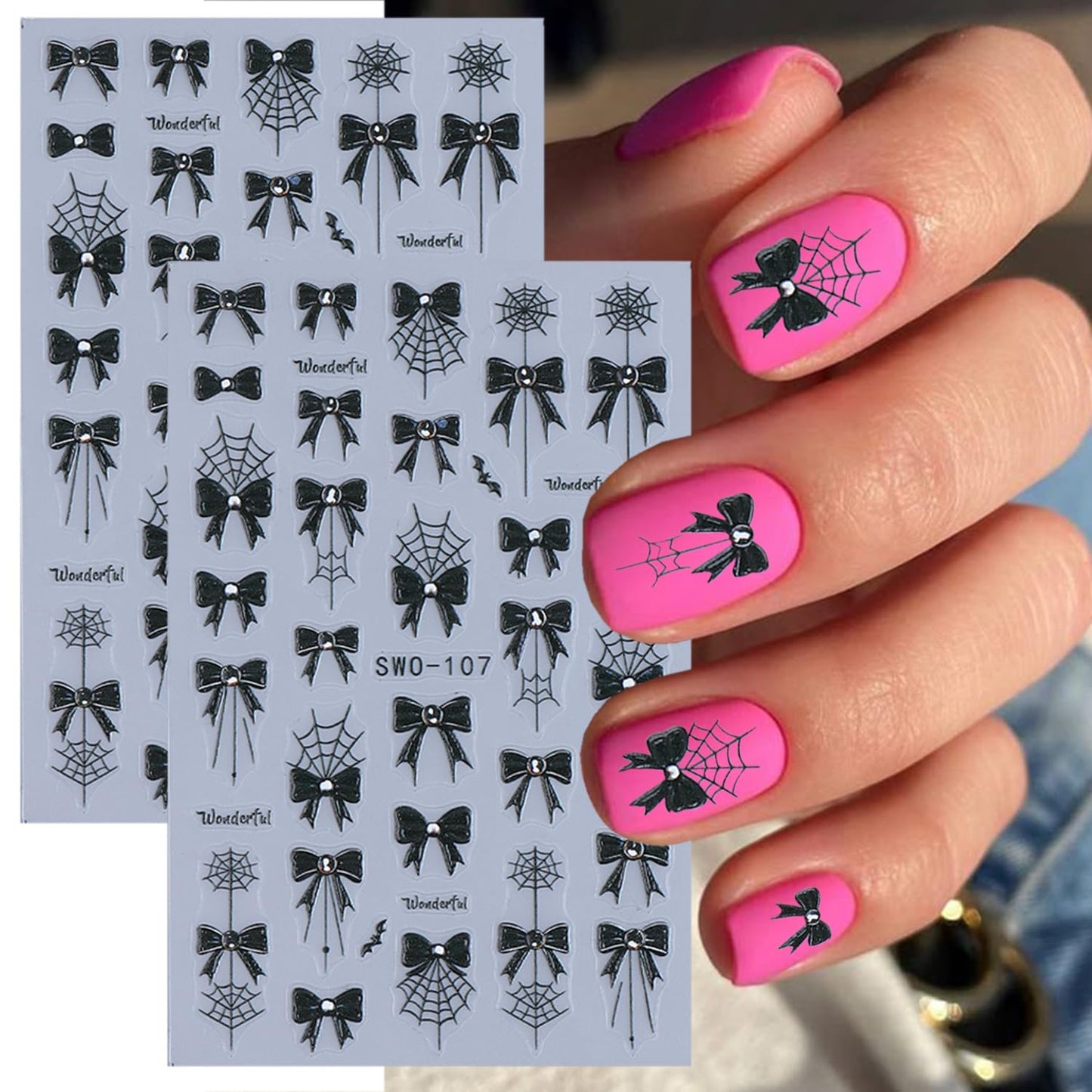 4 Sheets Halloween Nail Stickers for Nail Art Black Bow Spider Web Nail Decals with Crystal Diamond Designs Bloody Bows Nail Art Stickers 5D Self-Adhesive Halloween Nail Decoration for Women