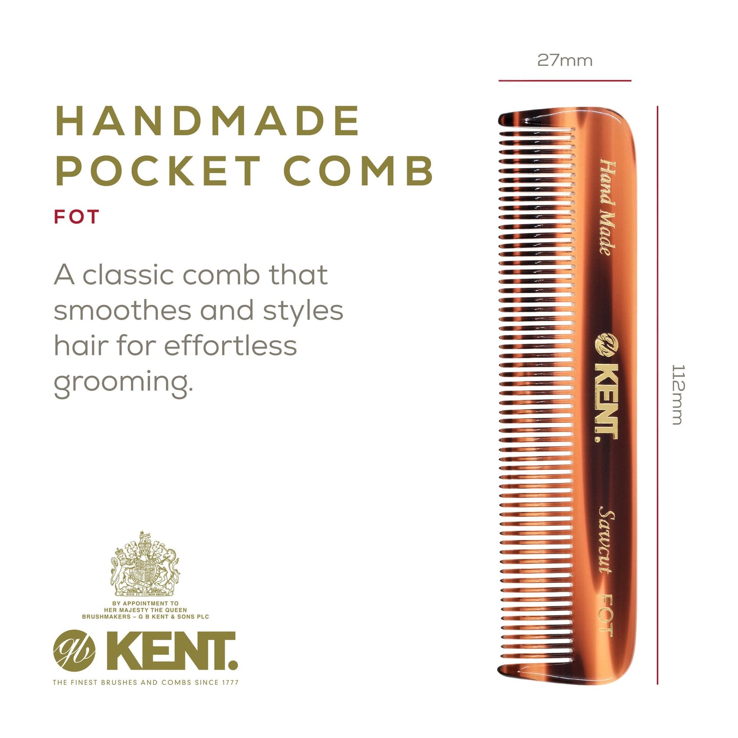 Kent FOT Tortoise Fine Tooth Comb for Men - Handmade Pocket Comb for Travel, Styling, Fine or Thinning Hair, Mustache and Beard Care Handpolished Saw-Cut Made in England