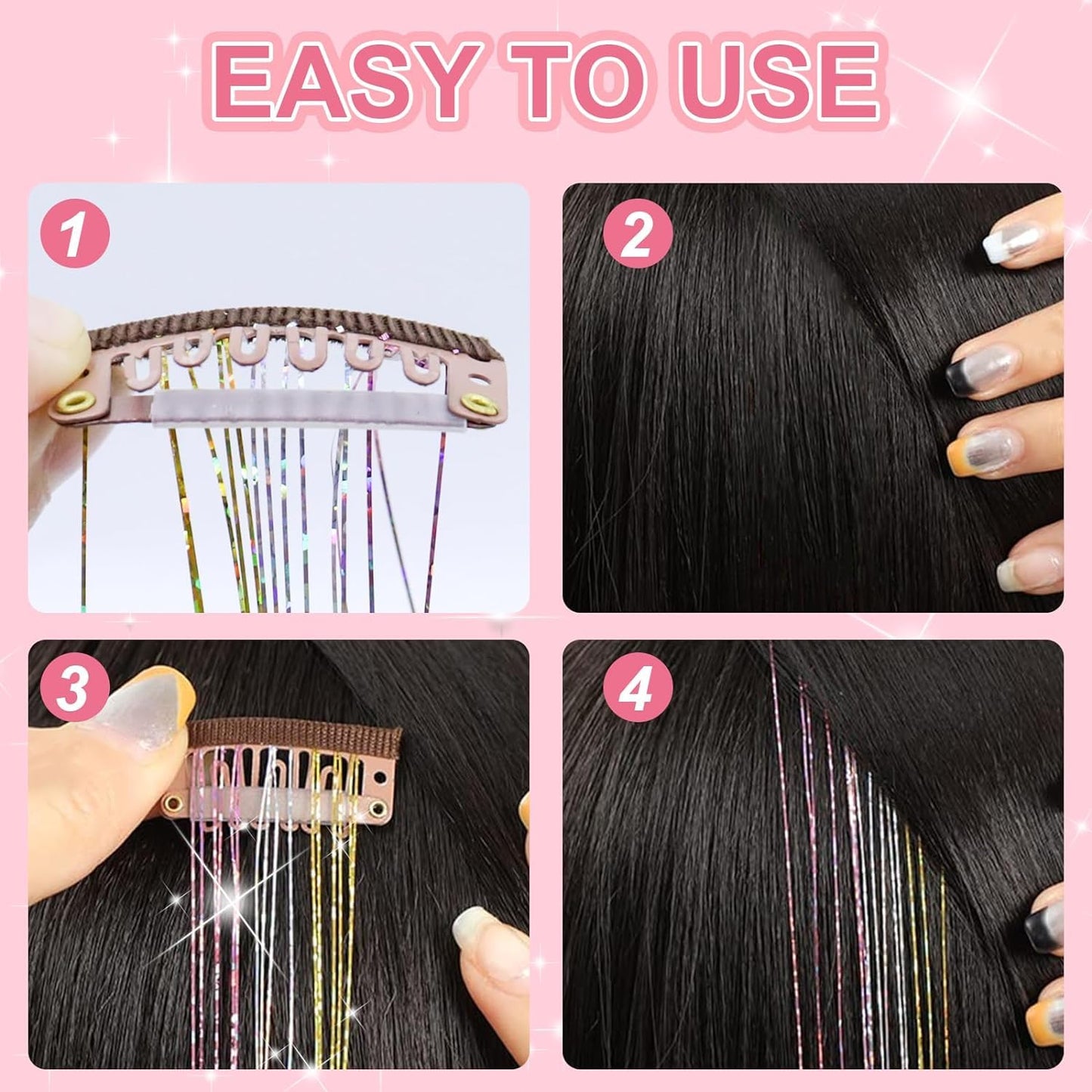 ZYXQZYX Hair Tinsel Kit Pack of 18 Pcs Hair Tinsel Clip in 19.6Inch Glitter Tinsel Hair Extensions Heat Resistant Clip in Hair Tinsel Sparkle Fairy Hair Accessories for Kids Girls Women (Pink)