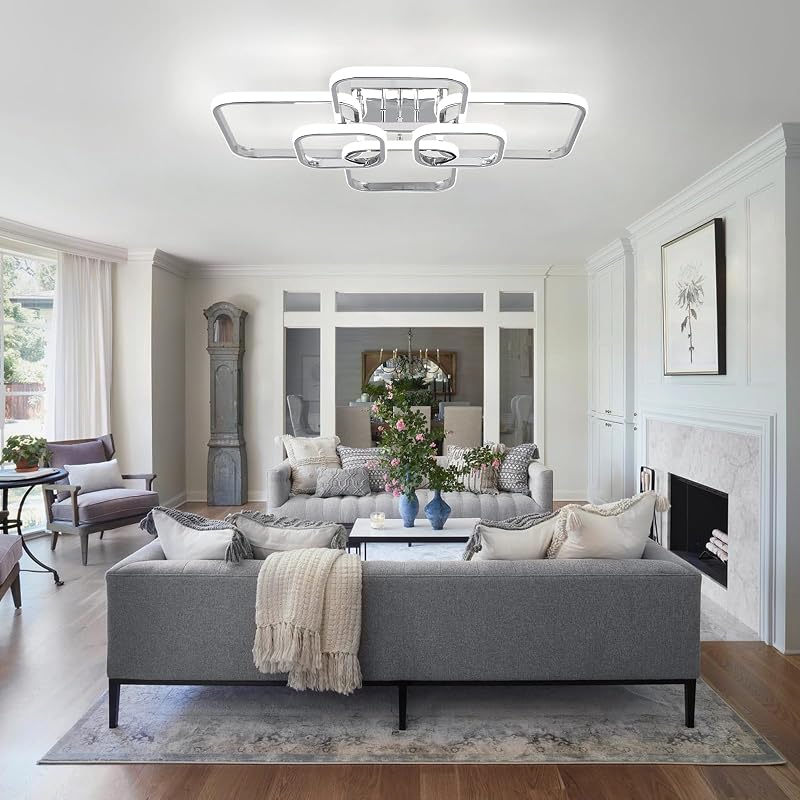 Sovinzert 31.5-Inch Modern LED Ceiling Light, 6-Square Dimmable with Remote, 3000K-6000K, Chrome Close-To-Ceiling Flush Mount, 60W - Chrome+6Rings