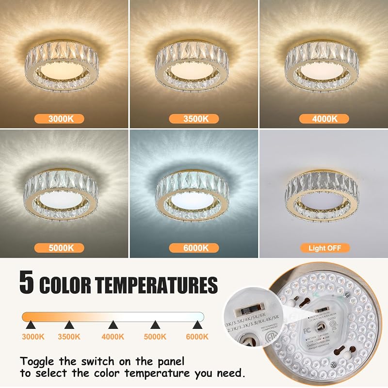Gold 11 Inch Dimmable Crystal Flush Mount Ceiling Light Fixture