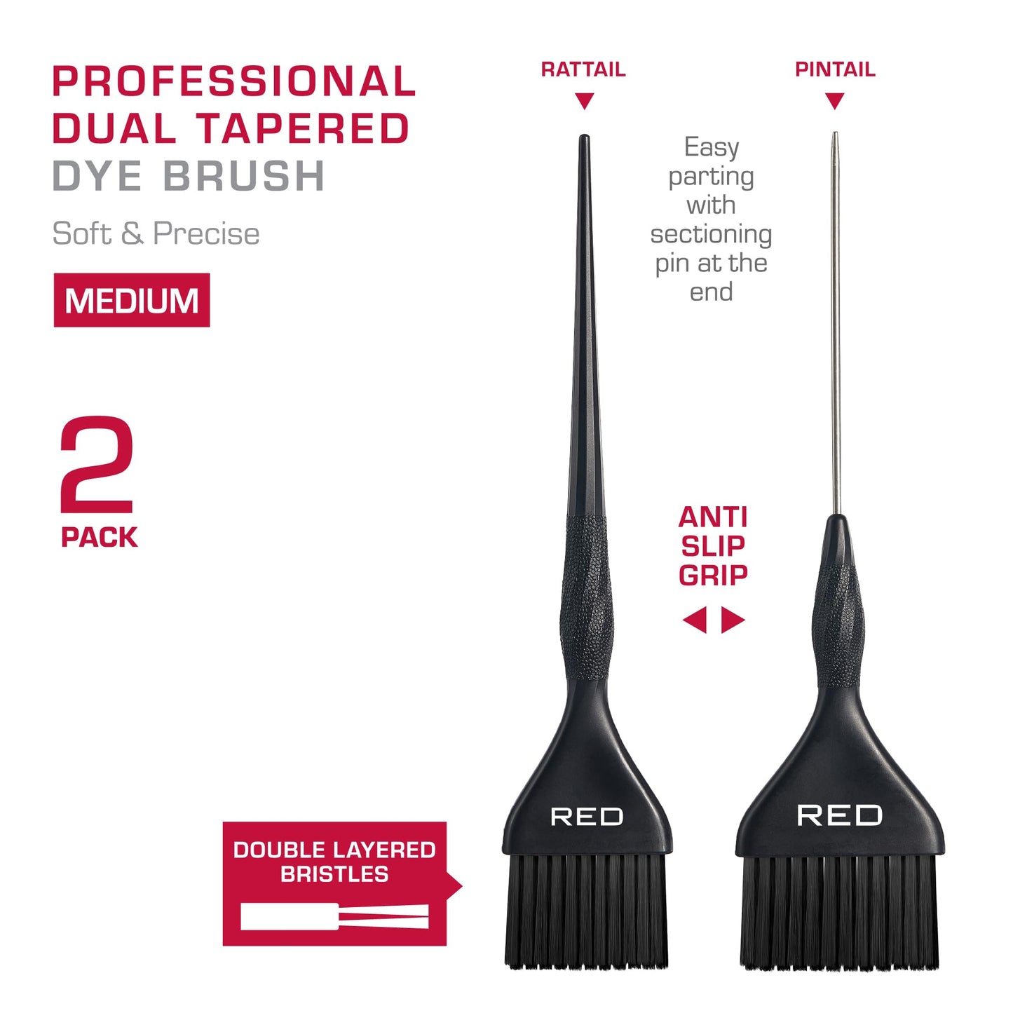 RED by Kiss Professional Dual Tapered Hair Dye Brush, Double Layered Bristles, Non-Slip Spiral Handle, Salon Precision Tool (Medium, 2PK)
