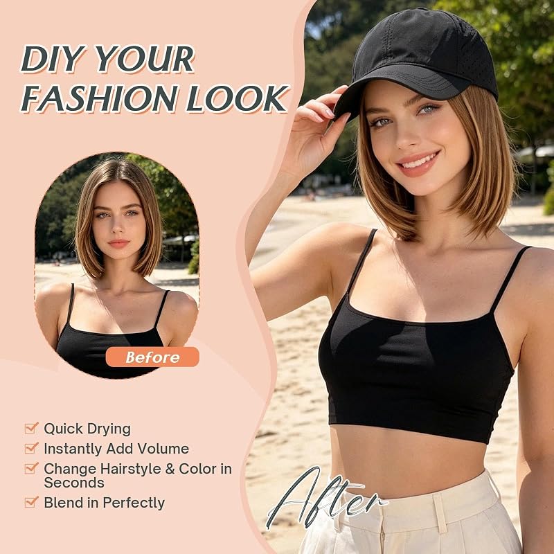 Light Blond Mix 8" Quick Dry Hat Wig - Breathable Baseball Cap with Black Cap