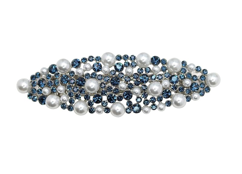 Faship Navy Blue Rhinestone Pearl Floral Barrette - Bridal Hair Clip, 3.75"